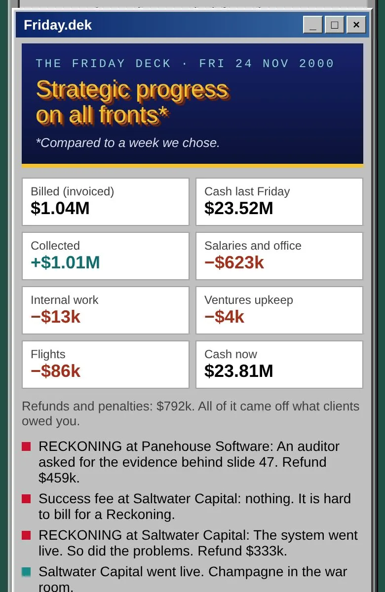 The Friday deck: a gold WordArt headline that calls it strategic progress, the week’s figures, and the news: two Reckonings and a go-live.