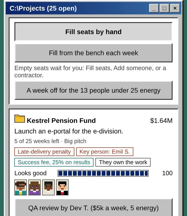 A Billable project card: the client and the fee, the contract terms, a Looks good bar near full, and the team’s pixel faces.