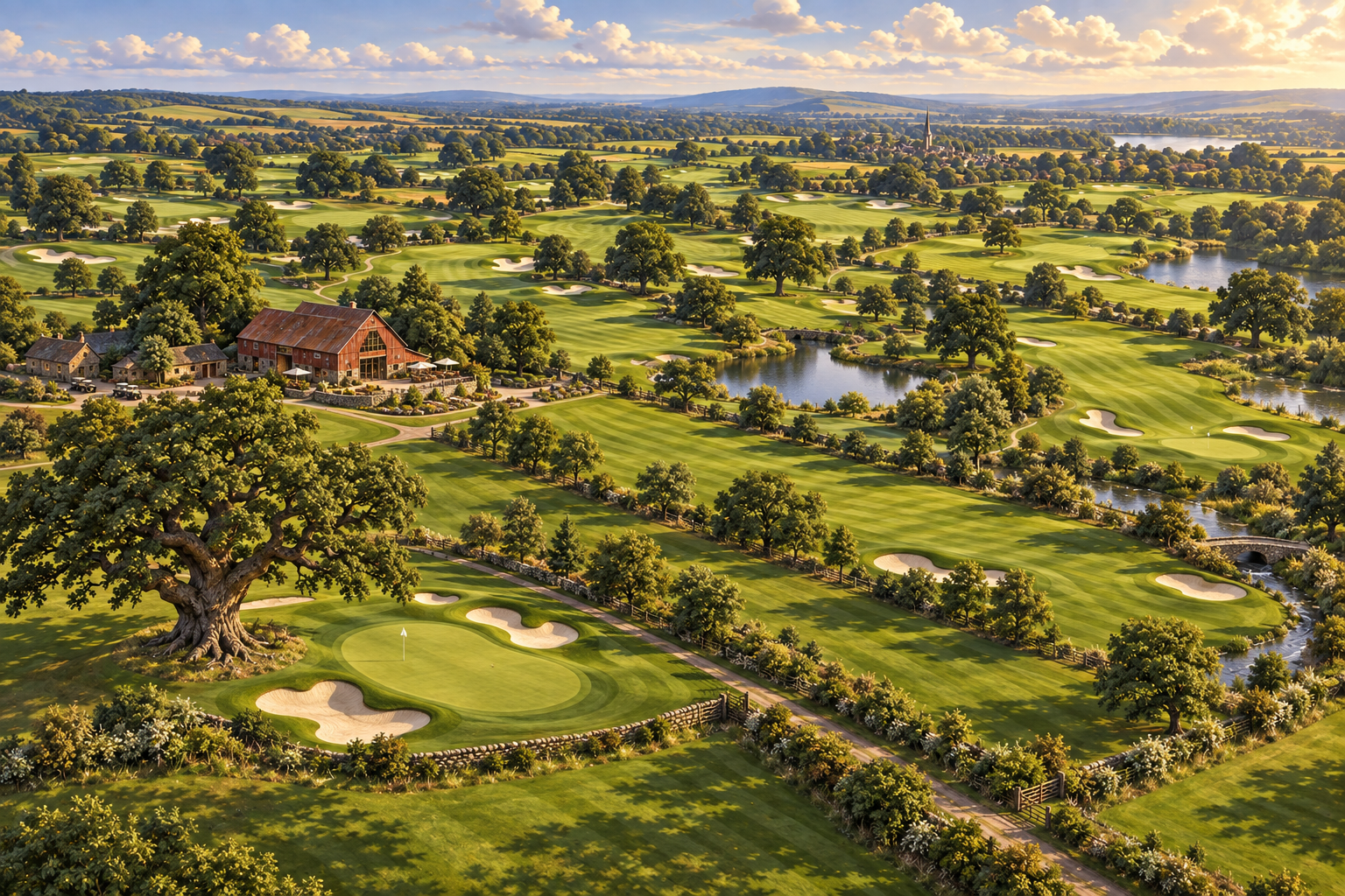 Golden evening light over a country golf club, with rolling fairways, a lakeside clubhouse and an old oak tree.