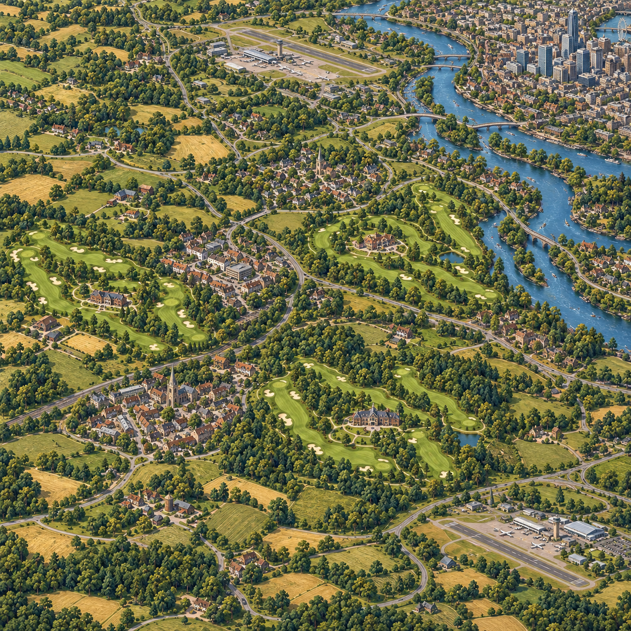 An illustrated region of towns, countryside, golf estates and airports from EIGHTEEN.