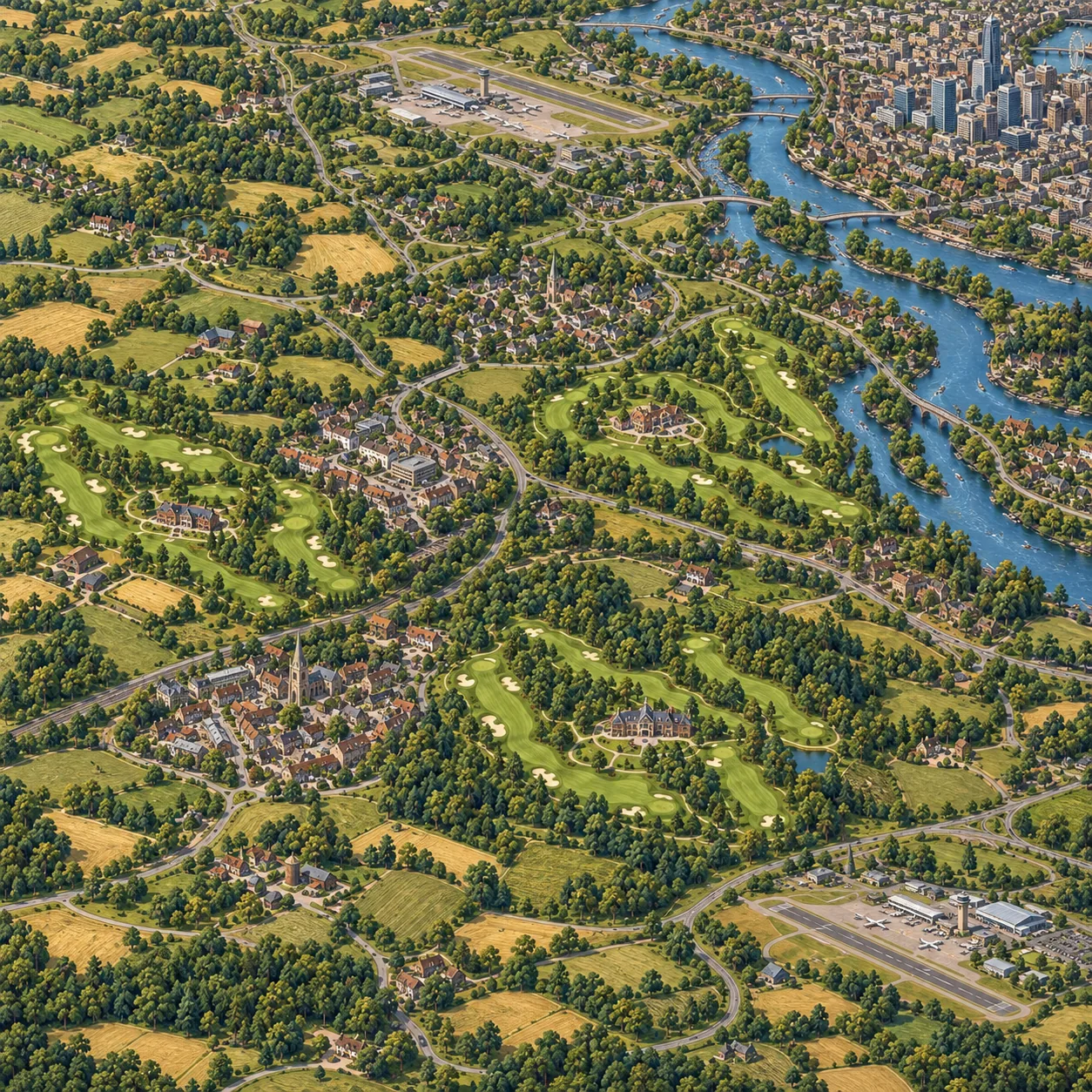 An illustrated region of towns, countryside, golf estates and airports from EIGHTEEN.