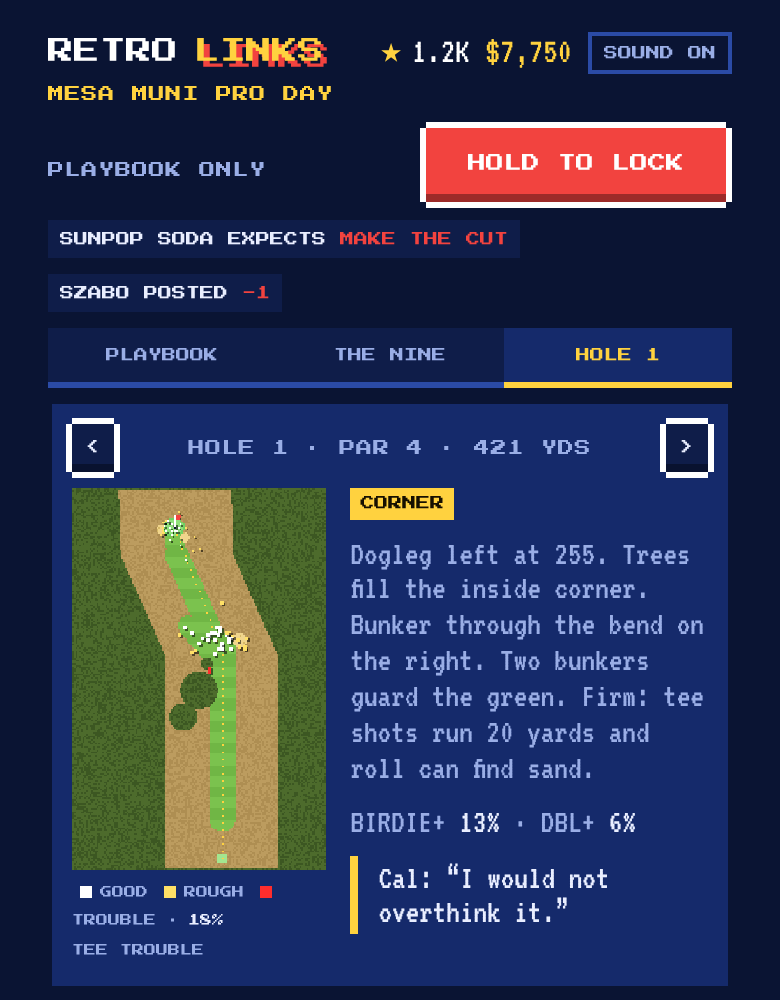 Retro Links yardage book: a pixel-art dogleg par 4 beside notes on the hole and a Hold to Lock button.