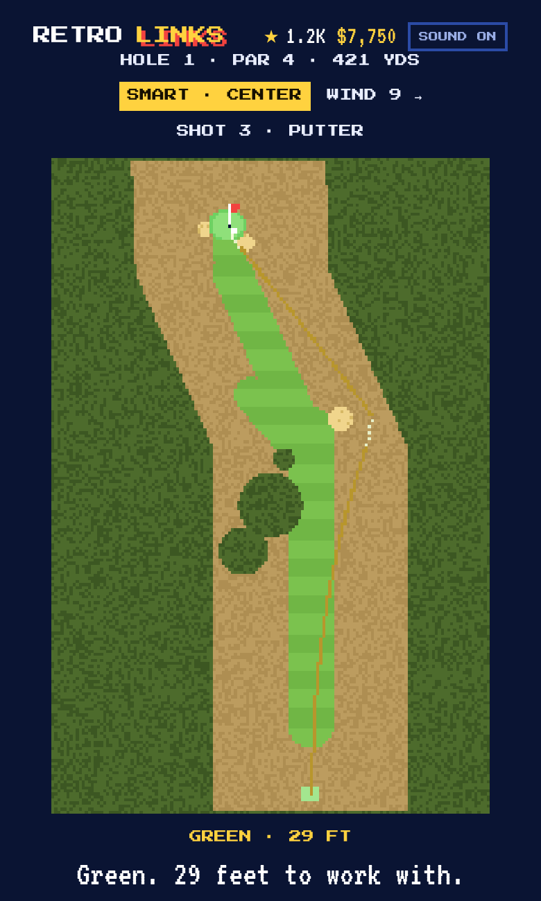 Retro Links broadcast: the ball's path traced down the fairway to the green, with the caption Green, 29 feet to work with.