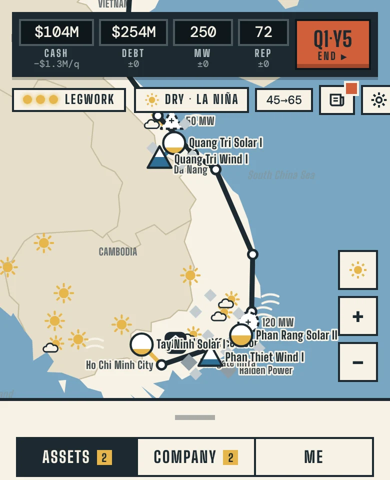Watt Street map: a company's solar and wind plants along the coast of Vietnam under the season's weather, with the control panel above: cash, debt, megawatts, reputation and the quarter.