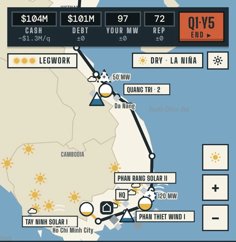 The map of Vietnam with a company's solar and wind plants along the coast, the season's weather drawn over it, and the meter band above: cash, debt, your megawatts and reputation.