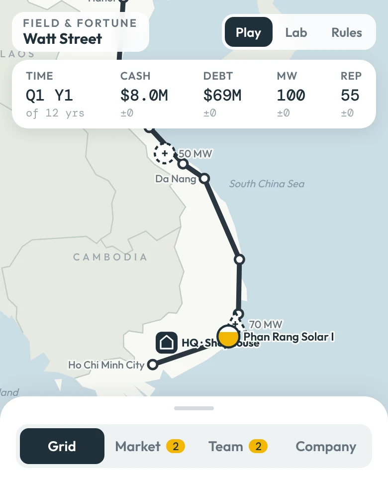 Watt Street map: a company's grid drawn along the coast of Vietnam, with a running solar plant, sites to build and the quarter's cash, debt and megawatts.