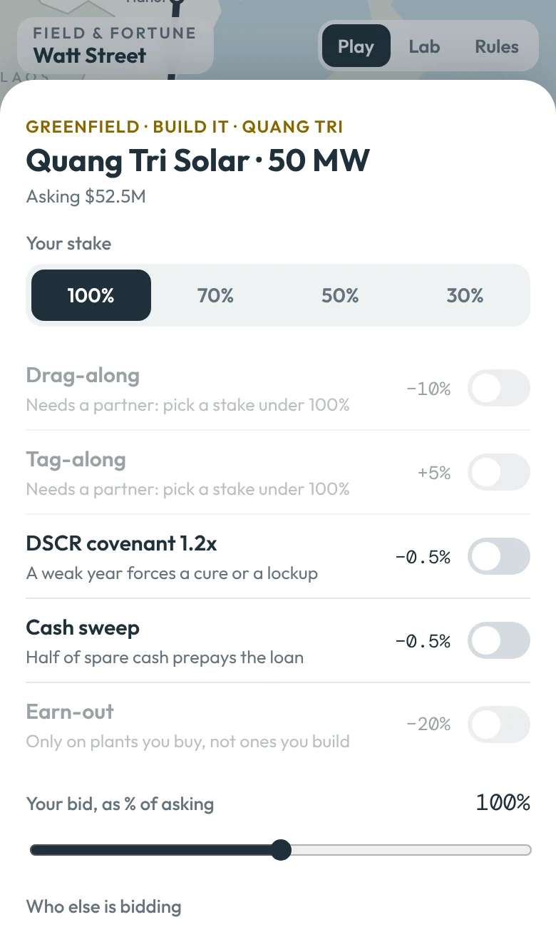 Watt Street term sheet for a 50 MW solar project: stake options, clauses such as drag-along and a DSCR covenant, the bid and the cheque you would write.